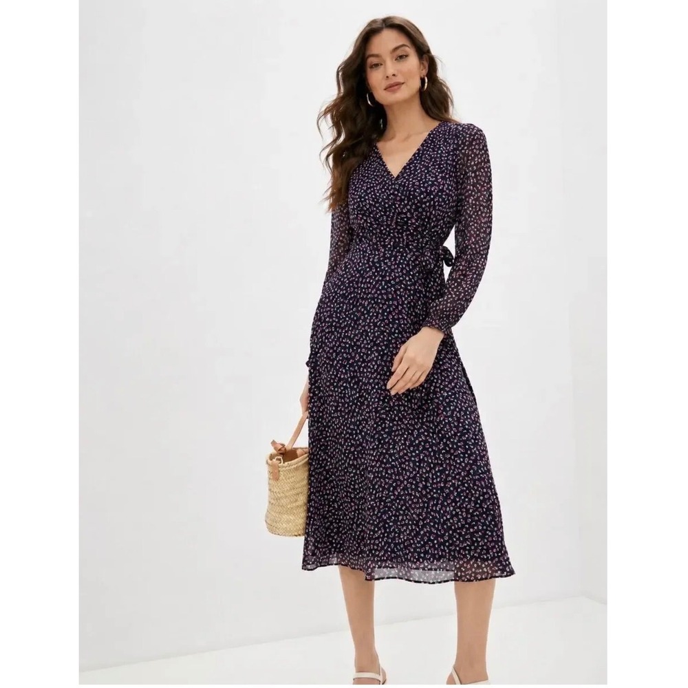 LAUREN RALPH LAUREN Sz 12 Floral Georgette Faux Wrap Midi Dress Navy Pink
